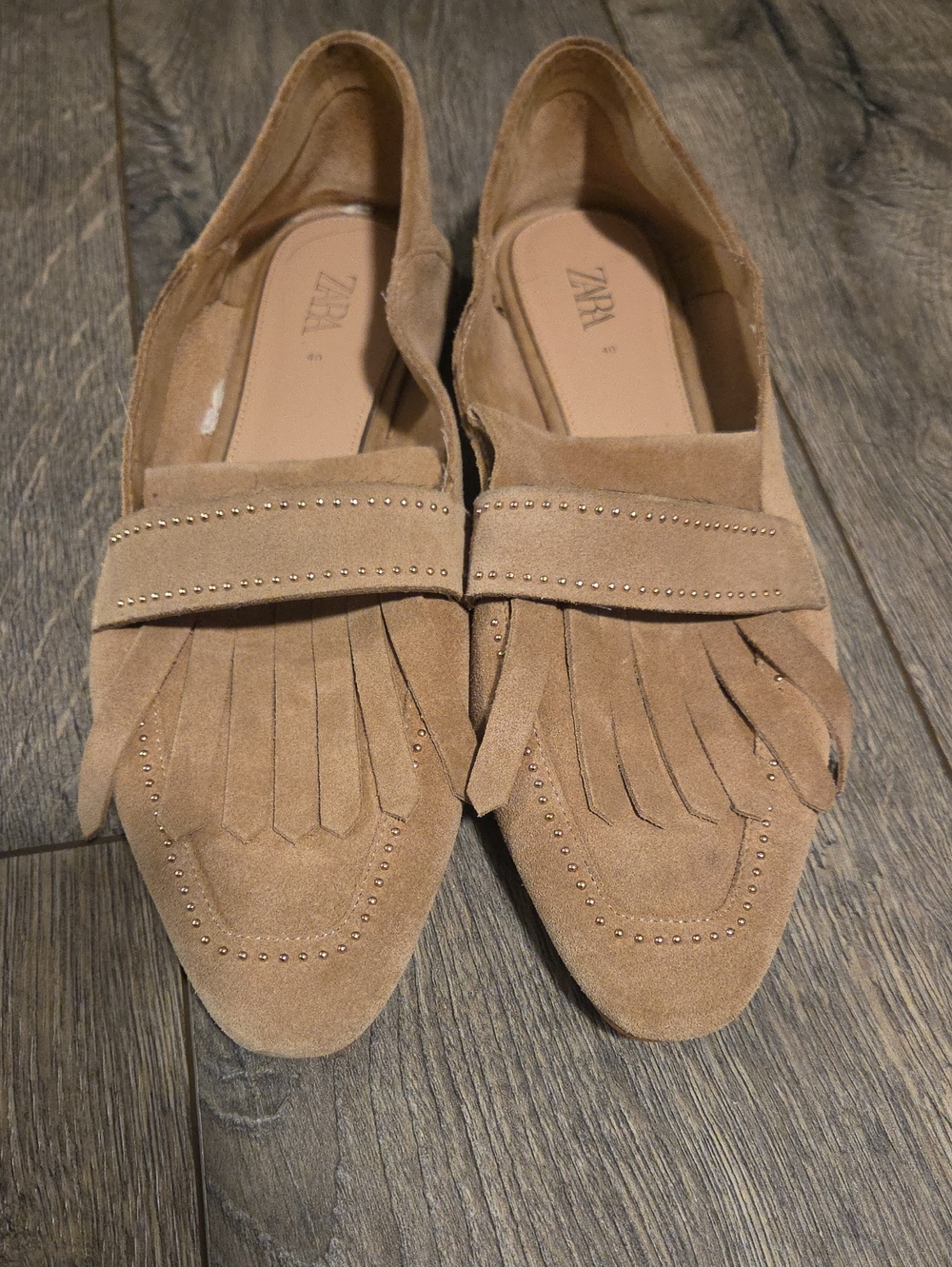 Zara Tan Suede Fringe Loafers with Stud Detail